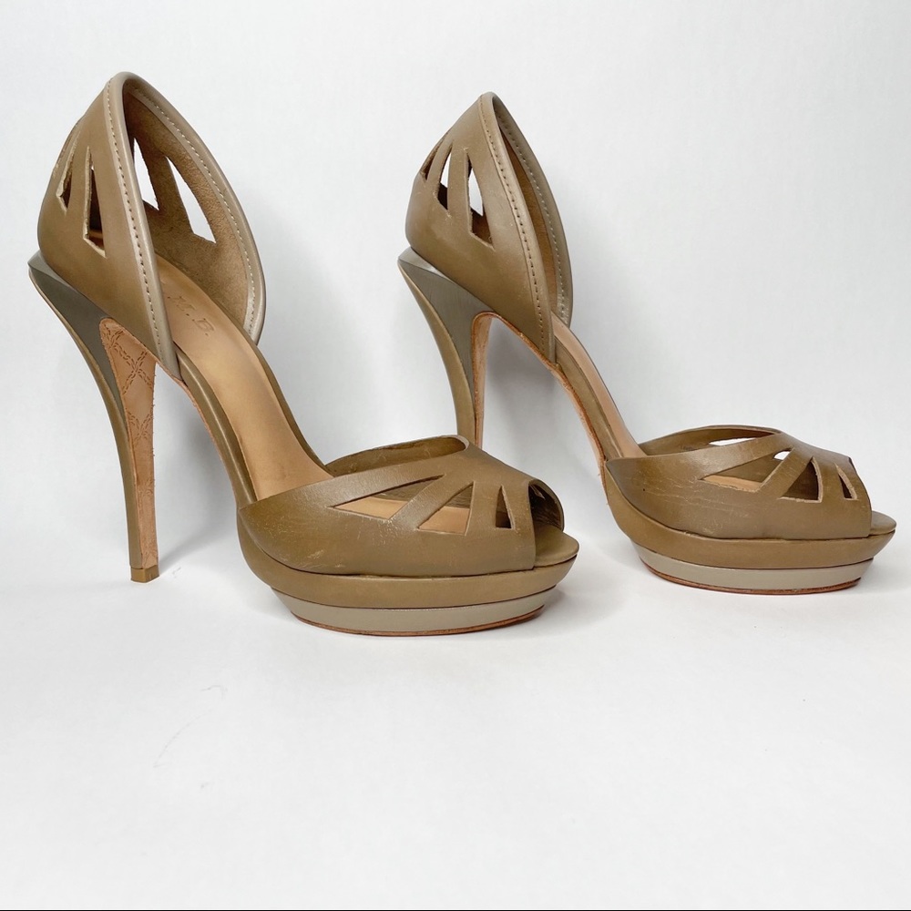 L.A.M.B. Leather Platform Peep-Toe Laser Cutout Heel